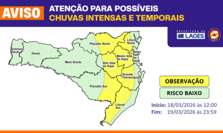 Prefeitura de Lages em atenção por risco moderado de chuvas intensas e temporais de verão nesta quarta e quinta-feira