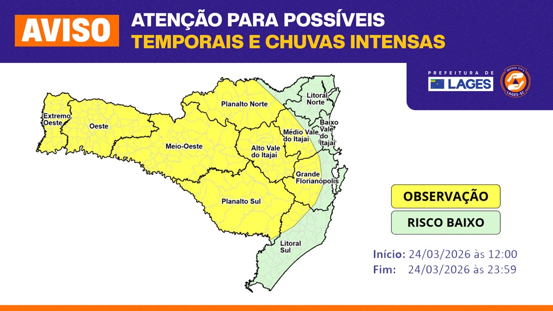 Prefeitura de Lages monitora previsão de temporais e chuvas intensas para esta terça-feira (24 de março)