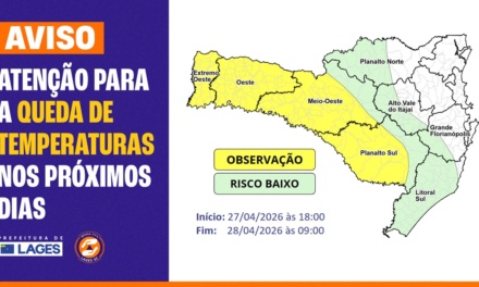 Prefeitura de Lages orienta população sobre queda brusca de temperatura prevista para os próximos dias